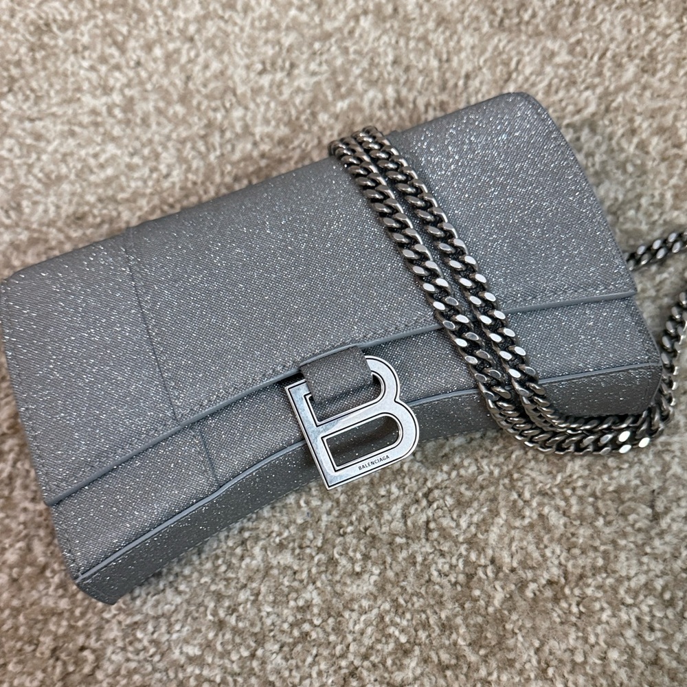 Balenciaga Sparkling Silver Clutch with Chain